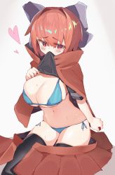 Rule 34 | 1girl, bikini, bikini under clothes, black shirt, black thighhighs, blue bikini, blush, bow, breasts, cleavage, cloak, clothes pull, grey bow, hair bow, heart, highres, large breasts, looking at viewer, navel, pulled by self, red eyes, red hair, sekibanki, semotaretare, shirt, shirt pull, short sleeves, skirt, unworn skirt, solo, sweat, swimsuit, thighhighs, touhou, white background