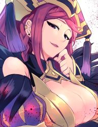 1girl braid breasts cleavage earrings female_focus fire_emblem fire_emblem_heroes hat highres jewelry large_breasts loki_(fire_emblem) nakabayashi_zun nintendo parted_lips purple_eyes purple_hair solo