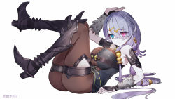 Rule 34 | 1girl, arm support, armlet, armored boots, ass, atelier (series), atelier ryza, atelier ryza 1, bare shoulders, blue eyes, bodystocking, boots, breasts, from side, gold, hair between eyes, hair ornament, hairclip, heterochromia, impossible clothes, large breasts, legs up, lila decyrus, long hair, looking at viewer, pink eyes, purple hair, simple background, sitting, skin tight, solo, tansan daisuki, thigh strap, very long hair, white background