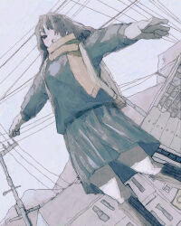 Rule 34 | 1girl, backpack, bag, bakui02, black eyes, black shirt, black socks, building, faux traditional media, gloves, hair over one eye, long hair, long sleeves, open mouth, original, outdoors, outstretched arms, pleated skirt, power lines, scarf, shirt, short hair, sketch, skirt, socks, solo, standing, utility pole, yellow scarf