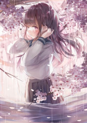 Rule 34 | 1girl, absurdres, arms behind head, black skirt, blue sailor collar, blunt bangs, blush, cherry blossoms, commentary request, crying, crying with eyes open, flower, from side, highres, long hair, long sleeves, looking at viewer, mochi nabe, original, pink eyes, pink flower, pleated skirt, purple hair, rain, sailor collar, school uniform, serafuku, shirt, sideways glance, skirt, solo, standing, tears, wading, water, white shirt
