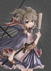 Rule 34 | 1girl, absurdres, brown eyes, cape, cowboy shot, earmuffs, flat chest, gold trim, grey background, hair between eyes, hand up, highres, holding, holding sword, holding weapon, jewelry, light brown hair, light smile, looking at viewer, ougiikun, pointy hair, ritual baton, short hair, simple background, skirt, solo, sword, teeth, touhou, toyosatomimi no miko, weapon