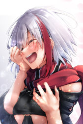Rule 34 | 1girl, admiral graf spee (azur lane), azur lane, black dress, blush, breasts, closed eyes, clothing cutout, crying, dress, engagement ring, good end, highres, jewelry, multicolored hair, open mouth, oriue wato, red scarf, ring, scarf, short hair, small breasts, smile, streaked hair, underboob cutout, upper body, wedding band, wedding ring, white hair