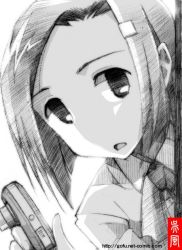 1girl camera female_focus gofu greyscale hair_ornament hairclip hata_ranko monochrome open_mouth school_uniform seitokai_yakuindomo short_hair sketch solo spot_color traditional_media white_background