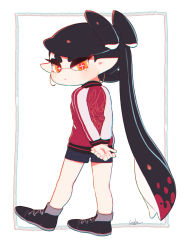 Rule 34 | + +, 1girl, arms behind back, black footwear, black hair, blue shorts, callie (splatoon), chromatic aberration, coula cat, earrings, full body, highres, hoop earrings, inkling, jewelry, long hair, long sleeves, looking at viewer, mask, mole, mole under eye, multicolored hair, nintendo, own hands together, pink hair, pointy ears, shoes, shorts, solo, symbol-shaped pupils, tentacle hair, two-tone hair, very long hair
