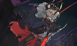 Rule 34 | 1girl, bare shoulders, black gloves, black thighhighs, breasts, crown, elbow gloves, garter straps, gloves, holding, holding sword, holding weapon, kishiyo, long hair, original, red eyes, revision, solo focus, sword, thighhighs, weapon, white hair