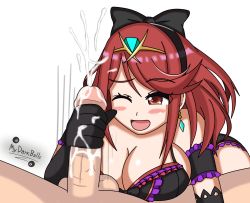 Rule 34 | 1boy, 1girl, alternate costume, bare shoulders, black ribbon, blush, breasts, cum, earrings, elbow gloves, gem, gloves, hair ornament, handjob, headpiece, highres, jewelry, large breasts, mydarkballs, nintendo, one eye closed, open mouth, penis, pervert, pyra (xenoblade), red eyes, red hair, rex (xenoblade), ribbon, short hair, simple background, swept bangs, tiara, uncensored, white background, xenoblade chronicles (series), xenoblade chronicles 2