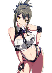 Rule 34 | 1girl, black neckwear, breasts, brown hair, danpu, fingerless gloves, gloves, hand on own ass, hand on own thigh, highres, kisaragi chitose, large breasts, midriff, neckwear between breasts, super robot wars, super robot wars v, yellow eyes
