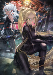 2girls ahoge arm_tattoo blonde_hair bodysuit bow braid cover cover_page elf fantasy green_eyes gun highres kein_hasegawa long_braid long_hair looking_at_viewer multiple_girls novel_cover novel_illustration official_art original pointy_ears science_fiction tattoo very_long_hair weapon white_hair