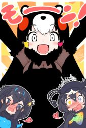 Rule 34 | 3girls, animal ears, arms up, bear ears, bear girl, bird girl, bird wings, black cape, black dress, black fur, black gloves, black hair, black headwear, black sweater, blue eyes, blue hair, blush, bow, bowtie, cabbie hat, cape, chibi kumamon (kemono friends), covering face, dress, elbow gloves, fur trim, gloves, grey eyes, hair ornament, hat, head wings, heart, heart hair ornament, kemono friends, kitsunetsuki itsuki, long hair, long sleeves, looking at viewer, mismatched pupils, multicolored hair, multiple girls, nose blush, open mouth, red hair, see-through, sidelocks, smile, star (symbol), star hair ornament, superb bird-of-paradise (kemono friends), sweater, western parotia (kemono friends), white hair, wings