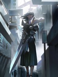 Rule 34 | 1girl, absurdres, black footwear, black hair, black neckerchief, black skirt, building, chainsaw man, chinese commentary, city, collared shirt, commentary, floating hair, foot out of frame, highres, holding, holding sword, holding weapon, huge weapon, ivy, long skirt, long sleeves, looking at viewer, looking down, making-of available, medium hair, neckerchief, parted lips, pleated skirt, red eyes, sandals, scar, scar on face, school uniform, shirt, sign, skirt, skyscraper, solo, suspension bridge, sword, weapon, white shirt, yao liao wang, yoru (chainsaw man)