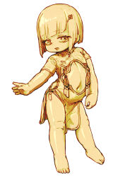 Rule 34 | 1girl, arm at side, blunt bangs, character request, child, china dress, chinese clothes, contrapposto, copyright request, dot nose, dress, eyes visible through hair, female focus, feral lemma, flat chest, full body, hair ornament, hairclip, head tilt, highres, linea alba, looking at viewer, medium hair, navel, open mouth, outstretched arm, revealing clothes, shadow, short hair, short sleeves, simple background, solo, standing, straight hair, tareme, white background