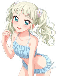 Rule 34 | 1girl, :d, absurdres, aikatsu!, aikatsu! (series), bare arms, bare shoulders, bikini, blonde hair, blue bikini, blue eyes, blunt bangs, blush, commentary request, fang, flower, frilled bikini, frills, hair flower, hair ornament, hand up, highres, leaning forward, looking at viewer, open mouth, sekina, simple background, smile, solo, standing, swimsuit, todo yurika, twintails, white background