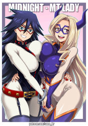 Rule 34 | 2girls, artist name, belt, belt buckle, black hair, blonde hair, bodysuit, boku no hero academia, boots, breast press, breasts, buckle, cameltoe, corset, covered erect nipples, cowboy shot, cuffs, domino mask, english text, fake horns, garter straps, gloves, green eyes, hand on another&#039;s hip, hands together, horns, large breasts, long hair, looking at viewer, looking to the side, mask, midnight (boku no hero academia), mount lady, multiple girls, nail polish, patreon username, pink eyes, sano br, symmetrical docking, thigh boots, thighhighs