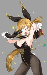 Rule 34 | 10s, 1girl, ;d, armpits, arms up, black gloves, black pantyhose, blue eyes, blush, breasts, brown hair, clarisse (granblue fantasy), cleavage, detached collar, fang, gloves, granblue fantasy, grey background, highres, holding, large breasts, leotard, long hair, looking at viewer, one eye closed, open mouth, pantyhose, playboy bunny, ponytail, simple background, smile, solo, v, v over eye, zaxwu