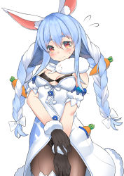 Rule 34 | 1girl, absurdres, animal ear fluff, animal ears, blue hair, blush, braid, breasts, carrot, cleavage, commentary request, cowboy shot, embarrassed, flying sweatdrops, gloves, hair between eyes, highres, hololive, leotard, looking at viewer, multicolored hair, pantyhose, playboy bunny, rabbit ears, rabbit girl, simple background, slumcat, small breasts, solo, standing, twin braids, two-tone hair, usada pekora, usada pekora (1st costume), virtual youtuber, white background, white hair