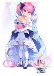 Rule 34 | 1girl, absurdly long hair, ahoge, armband, bare shoulders, blush, bracelet, breasts, candy hair ornament, cleavage, crescent, crescent necklace, dress, drill hair, food-themed hair ornament, frilled dress, frills, gloves, gradient hair, green eyes, hair ornament, heterochromia, high-low skirt, highres, himemori luna, himemori luna (4th costume), hololive, jewelry, long hair, looking at viewer, luknight (himemori luna), medium breasts, multicolored hair, necklace, official alternate costume, official alternate hairstyle, pearl bracelet, pearl necklace, pink hair, purple eyes, purple hair, ribbon-trimmed dress, sailor dress, short dress, solo, strapless, strapless dress, strappy heels, thighhighs, twin drills, very long hair, virtual youtuber, white dress, white gloves, white thighhighs, yun (dust-i1)