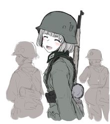 Rule 34 | 1girl, 2boys, artist request, blush, gun, helmet, highres, looking back, multiple boys, open mouth, rifle, short hair, silver hair, smile, tagme, weapon, wehrmacht