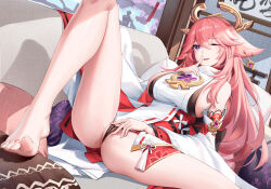 Rule 34 | 1girl, absurdres, animal ears, bare legs, bare shoulders, barefoot, black panties, blush, breasts, chinese commentary, commentary request, detached sleeves, dutch angle, earrings, feet, finger to mouth, flower knot, fox ears, garden01, genshin impact, hand on own crotch, highres, index finger raised, jewelry, knee up, lace, lace panties, large breasts, leaning back, legs, long hair, long sleeves, mole, mole on thigh, mole under eye, nontraditional miko, one eye closed, open mouth, panties, partially visible vulva, pink hair, purple eyes, red skirt, shirt, shushing, sideboob, sidelocks, sitting, skirt, sleeveless, sleeveless shirt, smile, solo, spread legs, sweat, tassel, thighs, thong, toes, underwear, very long hair, white shirt, wide sleeves, yae miko