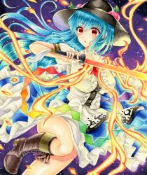 Rule 34 | 1girl, black headwear, blue hair, blue skirt, boots, brown footwear, cross-laced footwear, eriwo (erikana), frilled skirt, frills, hair between eyes, hinanawi tenshi, knee boots, lace-up boots, long hair, looking at viewer, puffy short sleeves, puffy sleeves, red eyes, shirt, short sleeves, skirt, solo, sword of hisou, touhou, v-shaped eyebrows, white shirt