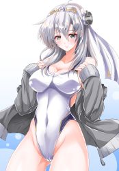 Rule 34 | 1girl, absurdres, blue background, breasts, cleavage, clothes writing, collarbone, commentary request, competition swimsuit, covered navel, cowboy shot, gluteal fold, gradient background, grey eyes, grey jacket, groin, hachimaki, headband, headgear, highleg, highleg swimsuit, highres, jacket, kantai collection, kentan (kingtaiki), long hair, looking at viewer, medium breasts, one-piece swimsuit, one side up, silver hair, smile, solo, suzutsuki (kancolle), swimsuit, white background, white headband, white one-piece swimsuit