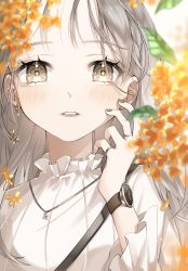 Rule 34 | 1girl, blurry, blurry foreground, blush, close-up, collar, commentary request, frilled collar, frills, grey eyes, hand on own face, highres, jewelry, necklace, original, ring, silver nails, solo, spide r (mxpm3455), teeth, watch, white background, wristwatch
