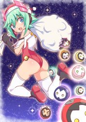 Rule 34 | 1girl, ass, azure striker gunvolt, bag, bare shoulders, blue eyes, blush, breasts, christmas, cougar (cougar1404), elbow gloves, embarrassed, from behind, gloves, green hair, hat, leotard, looking at viewer, open mouth, red hat, roro (gunvolt), santa hat, shiny clothes, shiny skin, short hair, sideboob, sky, solo, spill, star (sky), starry sky, thighhighs, wedgie