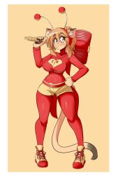 Rule 34 | 1girl, :3, absurdres, alternate costume, animal ears, bodysuit, breasts, cat ears, cat tail, cosplay, costume, curvy, el chapulin colorado, el chapulin colorado (cosplay), el chapulin colorado (series), fang, furry, goya (lucyfer), hand on own hip, heart, heart print, highres, holding, holding weapon, large breasts, long hair, looking at viewer, lucyfer, mexico, original, ponytail, red bodysuit, shiny clothes, short shorts, shorts, simple background, smile, tail, v, weapon, wide hips