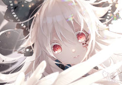 Rule 34 | 1girl, albino, alternate hair color, bow, colored eyelashes, commentary request, facial tattoo, grey bow, hair between eyes, hair bow, lens flare, looking at viewer, parted lips, portrait, radiation symbol, red eyes, reiuji utsuho, signature, silver hair, solo, tattoo, touhou, toutenkou, white wings, wings