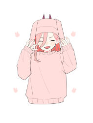 Rule 34 | 1girl, absurdres, chainsaw man, commentary request, cropped torso, fangs, gurukousu, hair behind ear, hair between eyes, hat, highres, horns, open mouth, pink hair, pink hat, pink sweater, power (chainsaw man), red horns, sleeves past wrists, smile, solo, sweater, upper body