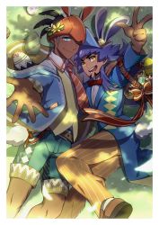 Rule 34 | 2boys, absurdres, animal ears, arm up, black hair, border, bow, bowtie, closed mouth, collared shirt, commentary request, creatures (company), dark-skinned male, dark skin, day, earrings, egg, facial hair, from above, game freak, grass, green shorts, highres, jewelry, knees, leon (pokemon), long hair, lying, male focus, multiple boys, necktie, nintendo, open mouth, orange headwear, orange neckwear, orange pants, outdoors, pants, pokemon, pokemon swsh, purple hair, rabbit ears, raihan (pokemon), red neckwear, shirt, short hair, shorts, smile, spread fingers, striped clothes, striped pants, tailcoat, teeth, tongue, undercut, vertical-striped clothes, vertical-striped pants, vest, w, white border, white shirt, yellow eyes, yellow vest, yunoru