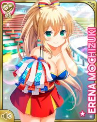 Rule 34 | 1girl, blonde hair, blush, bow, braid, breasts, card (medium), cheerleader, cleavage, closed mouth, cyberagent, day, female focus, frilled skirt, frills, girlfriend (kari), green eyes, hair ribbon, large breasts, long hair, midriff, miniskirt, mochizuki erena, navel, official art, outdoors, pleated skirt, pom pom (cheerleading), qp:flapper, red shirt, red skirt, ribbon, shirt, skirt, smile, solo, standing, tagme, tied shirt