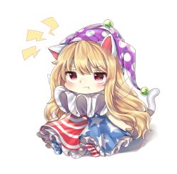 Rule 34 | &gt;:t, 1girl, :t, american flag dress, american flag legwear, animal ears, bad id, bad pixiv id, blonde hair, cat ears, cheunes, chibi, clownpiece, dress, fairy wings, feet, hat, jester cap, kemonomimi mode, long hair, neck ruff, no shoes, pantyhose, pout, red eyes, sitting, soles, solo, tail, touhou, v-shaped eyebrows, very long hair, wavy mouth, wings