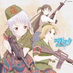 Rule 34 | 3girls, album cover, armband, assault rifle, battle rifle, blonde hair, blue eyes, bob cut, brown eyes, camouflage, copyright name, cover, fal (upotte!!), fn fal, fn fnc, fnc (upotte!!), frown, gun, hat, long hair, m16, m16a4, m16a4 (upotte!!), military, military uniform, multiple girls, official art, open mouth, pleated skirt, rifle, school uniform, short hair, silver hair, skirt, sweater vest, takami akio, uniform, upotte!!, weapon