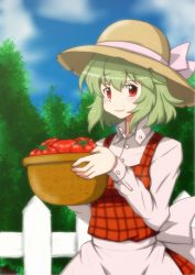 Rule 34 | 1girl, alternate costume, apron, basket, blue sky, bow, carrying, cloud, cloudy sky, day, dress, fence, food, forest, fruit, green hair, hat, hat bow, hat ribbon, highres, holding, kazami yuuka, nature, p.a.w, pinafore dress, plaid, plaid dress, plaid vest, red eyes, ribbon, short hair, sky, sleeveless dress, solo, straw hat, tomato, touhou, tree, vegetable, vest, waist apron