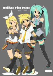 Rule 34 | 1boy, 2girls, aqua hair, brother and sister, hatsune miku, kagamine len, kagamine rin, multiple girls, sazame, siblings, thighhighs, twins, twintails, vocaloid