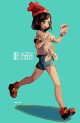 Rule 34 | 1girl, artist name, bare legs, beanie, black hair, blue background, creatures (company), floral print, food, game freak, hat, holding, holding food, miu pachi, nintendo, open mouth, pointing, pokemon, pokemon sm, red hat, selene (pokemon), shirt, shoes, short hair, short shorts, shorts, sneakers, solo, swept bangs, t-shirt, tied shirt, walking, z-ring