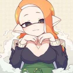 Rule 34 | 1girl, breasts, cleavage, collarbone, commentary, eyelashes, head rest, inkling, inkling girl, inkling player character, inuowour, large breasts, light smile, looking at viewer, medium hair, nintendo, orange hair, pointy ears, solo, splatoon (series), symbol-only commentary, white background