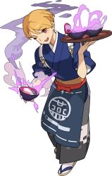 Rule 34 | 1boy, apron, artist request, bad food, belt, blonde hair, blue apron, blue kimono, blush, bowl, carrot, food, full body, grey hakama, hakama, hakama pants, hand up, happy, highres, holding, holding bowl, holding tray, japanese clothes, kimono, leaning forward, light blush, looking at viewer, male focus, mochi, multicolored footwear, mushroom, non-web source, official art, open mouth, pants, red eyes, sandals, short hair, sideways mouth, simple background, sleeves rolled up, smile, smoke, socks, solo, soup, standing, steam, swept bangs, tabi, teeth, transparent background, tray, waist apron, white socks, world flipper, yuwel (world flipper), zouni soup