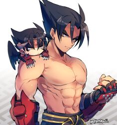 Rule 34 | 2boys, abs, black hair, black wings, claws, closed mouth, collarbone, devil jin, forehead jewel, gloves, highres, horns, kazama jin, kotorai, looking at another, male focus, mini person, miniboy, multiple boys, navel, on shoulder, pectorals, red gloves, serious, signature, slit pupils, studded gloves, tekken, thick eyebrows, topless male, upper body, v-shaped eyebrows, white background, wings, yellow eyes