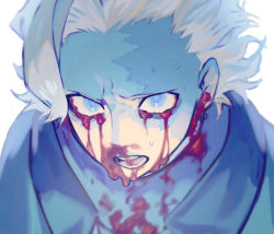 Rule 34 | 1boy, asymmetrical bangs, belafu (human), blood, blood from ears, blood on clothes, bloody tears, blue eyes, blue theme, burn scar, commentary request, face, highres, looking at viewer, made in abyss, male focus, maromayu, nosebleed, open mouth, scar, scar on face, simple background, sketch, solo, white background, white hair