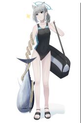 Rule 34 | absurdres, animal ear fluff, animal ears, bag, black one-piece swimsuit, blue archive, blue eyes, breasts, competition swimsuit, covered navel, cross hair ornament, extra ears, fish, full body, grey hair, hair ornament, halo, highres, limm (limmjiiiminnn99), low ponytail, medium breasts, medium hair, mismatched pupils, multicolored clothes, multicolored swimsuit, one-piece swimsuit, rope, sandals, shiroko (blue archive), shiroko (swimsuit) (blue archive), simple background, sparkle, swimsuit, tuna, white background, wolf ears