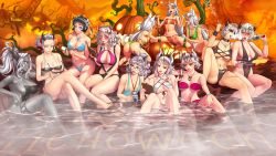 Rule 34 | 6+girls, anger vein, animal ears, ass, azazel (helltaker), beelzebub (helltaker), bikini, bikini tan, black hair, blue eyes, blush, brand name imitation, breasts, cerberus (helltaker), champagne flute, cigarette, cleavage, cleft of venus, closed mouth, collarbone, colored skin, commentary, cup, demon girl, demon horns, dog ears, dog girl, drinking glass, english commentary, covered erect nipples, eyeshadow, eyewear removed, female focus, full body, glasses, grey eyes, grey hair, grey skin, halloween, handheld game console, harem, heart, heart-shaped pupils, helltaker, high ponytail, highres, horns, id card, jack-o&#039;-lantern, jewelry, judgement (helltaker), justice (helltaker), kneeling, large breasts, legs crossed, lips, long hair, looking at another, lucifer (helltaker), lucknight, makeup, malina (helltaker), medium breasts, modeus (helltaker), multiple girls, navel, nipples, nose blush, onsen, open mouth, pandemonica (helltaker), partially submerged, pendant, pumpkin, pussy, red eyes, see-through, shiny, shiny skin, short hair, silver eyes, sitting, slingshot swimsuit, small breasts, smile, smoke, smoking, spread legs, stomach, swimsuit, sword, symbol-shaped pupils, tan, tanline, tattoo, torii, triplets, water, weapon, white hair, zdrada (helltaker)