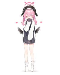 Rule 34 | 1girl, beret, blue archive, blush, deitaku, full body, halo, hat, head wings, heart, highres, jacket, koharu (blue archive), looking at viewer, medium hair, pink eyes, pink hair, shoes, short twintails, simple background, standing, track jacket, twintails, white background, wings