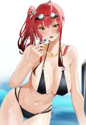 Rule 34 | 1girl, :d, azur lane, bikini, black bikini, breasts, cleavage, cowboy shot, day, goggles, goggles on head, highres, holding, holding whistle, italian flag, large breasts, looking at viewer, o-ring, o-ring bikini, official alternate costume, open mouth, raitho, red hair, side ponytail, smile, swimsuit, water, wet, whistle, whistle around neck, yellow eyes, zara (azur lane), zara (poolside coincidence) (azur lane)