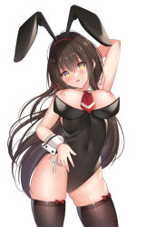 Rule 34 | 1girl, alternate costume, animal ears, arm up, armpit peek, between breasts, black thighhighs, blackheartxiii, blush, breasts, breasts out, brown hair, contrapposto, covered navel, cowboy shot, detached collar, fake animal ears, gluteal fold, highres, kawaikereba hentai demo suki ni natte kuremasu ka?, large breasts, leotard, long hair, looking at viewer, necktie, necktie between breasts, nipples, parted lips, playboy bunny, rabbit ears, red necktie, short necktie, simple background, skindentation, sleeveless, solo, straight hair, sweat, taut clothes, thighhighs, thighs, tokihara sayuki, white background, wrist cuffs, yellow eyes