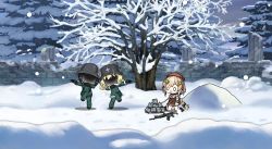 Rule 34 | 3girls, assault rifle, beret, black hair, blonde hair, blush stickers, brodie helmet, brown hair, chibi, chito (shoujo shuumatsu ryokou), closed eyes, closed mouth, coat, commentary, core (girls&#039; frontline), cup, day, english commentary, expressionless, fn fnc, fnc (girls&#039; frontline), full body, fur trim, girls&#039; frontline, gloves, gun, hair between eyes, hair ornament, hair ribbon, hat, helmet, highres, jacket, long hair, long sleeves, low twintails, military, combat helmet, military uniform, multiple girls, night, open mouth, ribbon, rifle, shoujo shuumatsu ryokou, shovel, smile, snow, stahlhelm, the mad mimic, twintails, uniform, upper body, weapon, yuuri (shoujo shuumatsu ryokou)