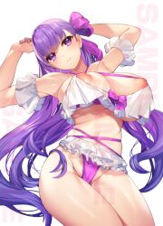 Rule 34 | 1girl, alternate costume, bare shoulders, blush, breasts, breasts exposed, exposed chest, fate (series), feet out of frame, gradient hair, large breasts, long hair, looking at viewer, mikomachi (35machi), multicolored hair, nipples, passionlip (fate), purple eyes, purple hair, sample watermark, skirt, swimsuit, thighs, watermark, white background