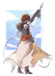 Rule 34 | absurdres, ahoge, arm up, armor, belt, blue belt, blue sky, boots, breastplate, brown hair, brown wings, cape, cloud, cloudy sky, commentary, english commentary, english text, fauxpapillon, fingerless gloves, from behind, gloves, granblue fantasy, high heel boots, high heels, highres, holding, holding sword, holding weapon, hood, hood down, male focus, messy hair, sandalphon (granblue fantasy), scabbard, sheath, sky, sword, weapon, white cape, wings