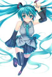 Rule 34 | 1girl, aqua eyes, aqua hair, bare shoulders, black thighhighs, blue eyes, blue hair, detached sleeves, hatsune miku, long hair, looking at viewer, matching hair/eyes, necktie, riv (rivleaf), simple background, skirt, solo, thighhighs, twintails, very long hair, vocaloid, white background